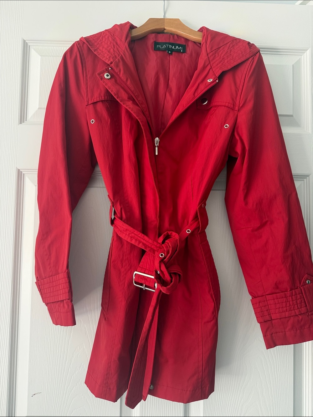 Platinum Red Hooded Belted Trench Coat